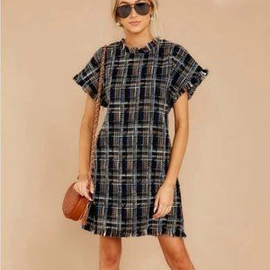 Ellison Tweed Dress Navy Blue Above Knee Short Sleeve Dress New